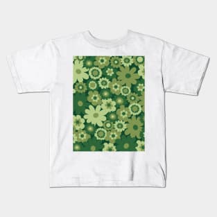 Green 60s retro flower power, retro green, pink, mustard yellow, 60s groovy pattern, hippie flowers Kids T-Shirt